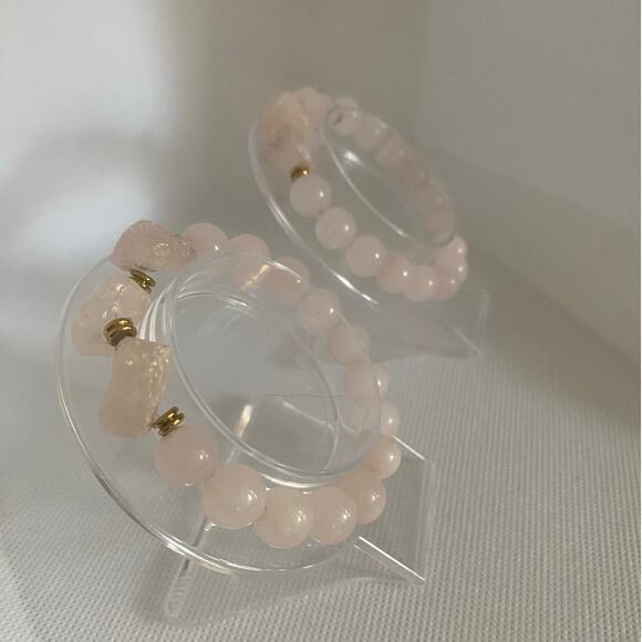 Vintage Rose Quartz Bracelet Set Stretch Elastic Pink Stone Beads Boho Luxe Glam - Picture 6 of 16